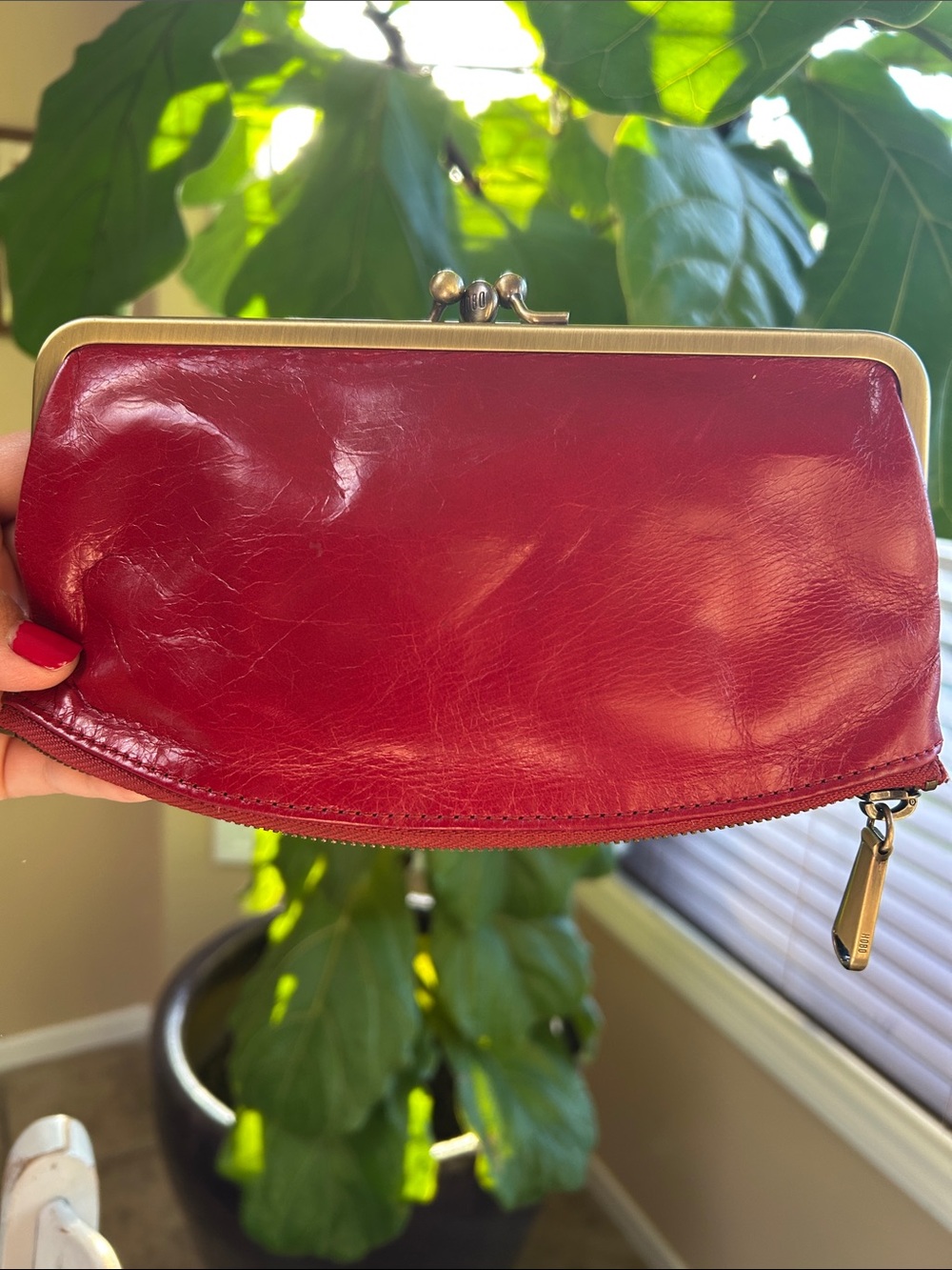 Red Leather HOBO Kiss-Lock Clutch Wallet